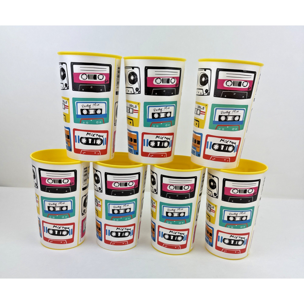 7 Hallmark Technimark Drinking Cups Cassette Mix Tape BPA Free Yellow 20 oz